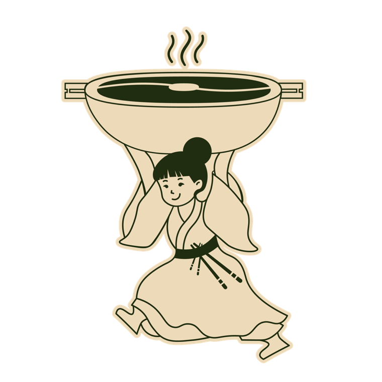 The KOHO mascot, a girl in a flowing robe running with a steaming hotpot held over her head